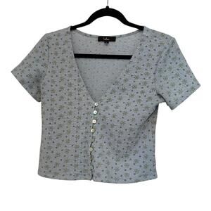 Lulus Womens Light Blue Floral Button Front Ribbed Top Short Sleeve L